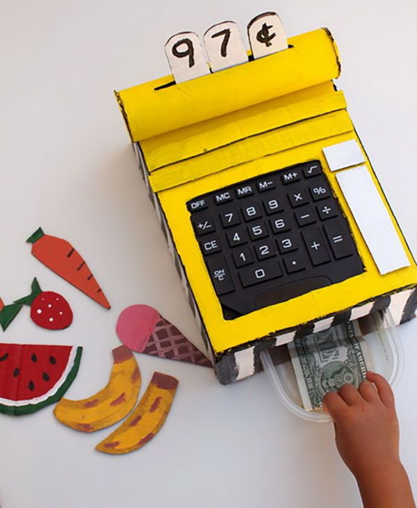DIY Cardboard Cash Register. Does your child enjoy going to the grocery store and watching the cashier scan items? Then this cardboard cash register craft is right up your alley. A great project for kids which involves painting and building movable, interactive components. 