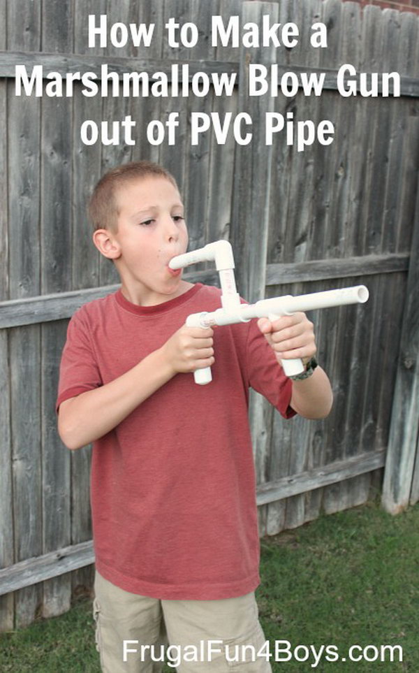 Make a Marshmallow Blow Gun out of PVC Pipe. To shoot, simply stick a mini marshmallow in the end of the gun and blow.  The amount of air power is important. This would definitely make a great project for a scout group, church group, or after school club, or just as a family activity. 