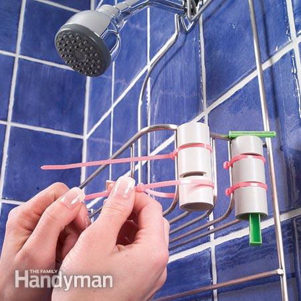 Use PVC pipe and plastic tie straps for razor and toothbrush storage. Keep them from falling into the tub with this simple holder. 