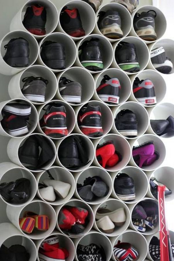 Stacked PVC Pipe Shoe Storage. Find pipes that are just the right size for your shoe collection, cut them down to shoe length and stack together using pipe glue. It's an endlessly customizable shoe rack—and you can always add to it as your collection grows. 