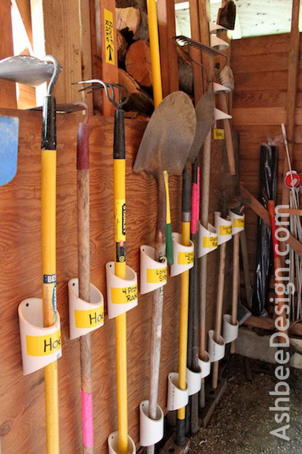 PVC Pipe Garden Tool Organizers. A great idea to get that garage or garden shed cleaned out and organized. 