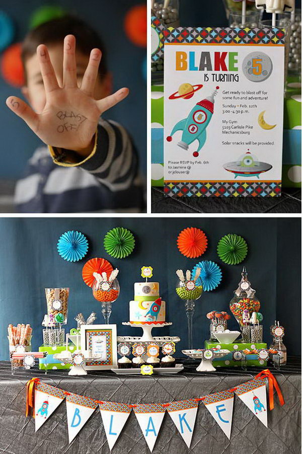 This rocket themed birthday party is building upon a grey, orange, lime green and blue color scheme. I love the charming cake, cupcakes and cookies to match! 