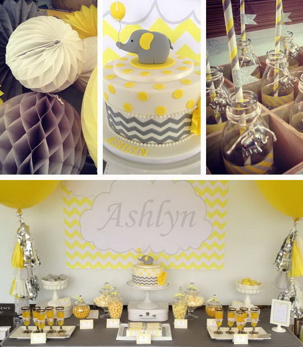 This yellow and grey elephant themed birthday party is one of my favorite parties we've ever featured. What an awesome party perfectly executed, with the adorable garland, bunting, the cute cake and sweets. 