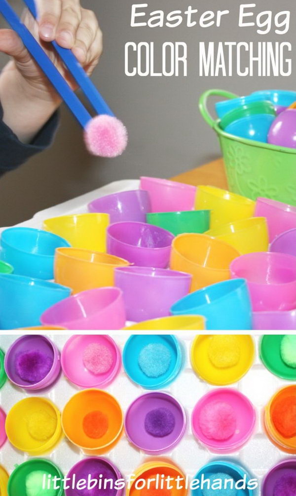 Easter Egg Color Matching. Use the kids friendly chopsticks to grab the pom pom and put it into the Easter egg half of the same color. This simple matching game is a good way to train your motor skills. 