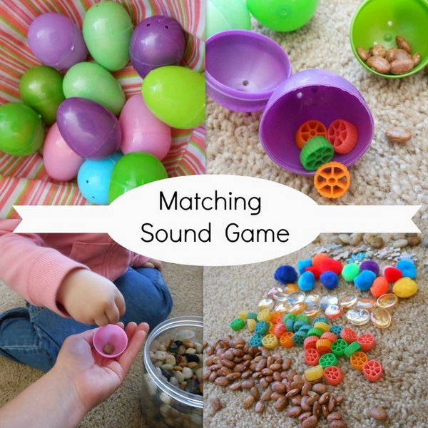 Matching Sound Game. Fill the plastic Easter eggs with different materials such as dry pinto beans, small pasta, gems, pom poms, tiny puzzle pieces and pebbles to vary the sounds they make. The kid pick the egg and shake it, then find another one. If sounds the same as the former one, put the pair in the carton side by side. If they have different sound, just leave them off to the side. 