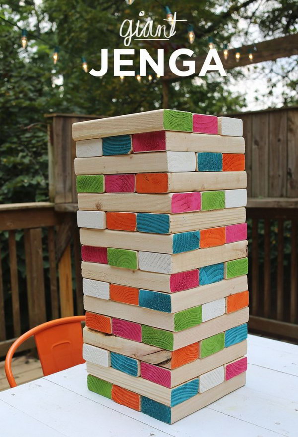 Giant Jenga.Play with your family at weekends or holidays,and you will have a unforgettable memory.The colors we add give the whole thing some sparkle and personality. 
