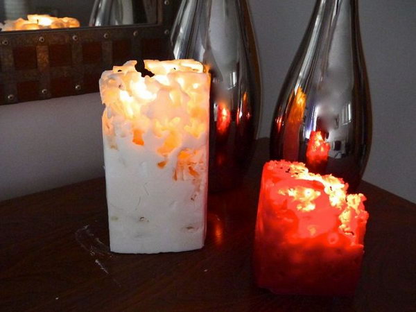 Ice Candles. What can you do with some wax, taper candles, milk cartons, a melting pot and some ice? A perfect idea is to create some ice candles for parents as Christmas gifts. 