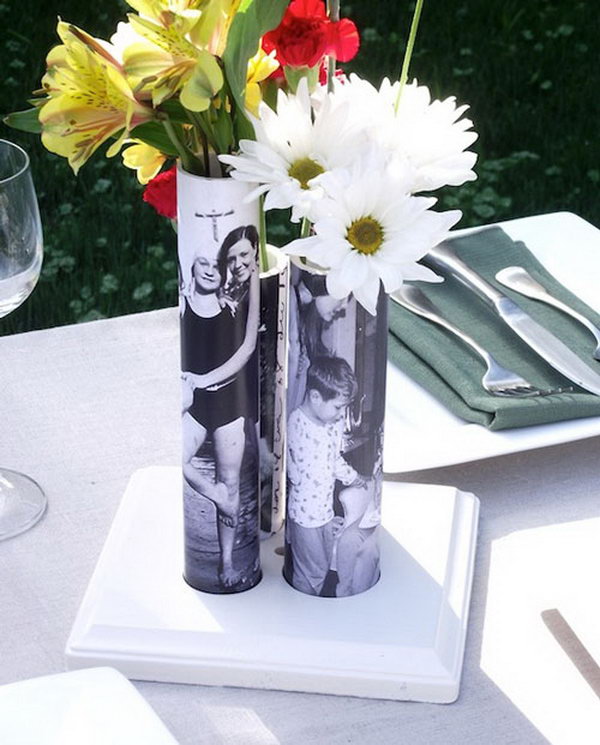 Mother’s Day DIY vase from a PVC pipe. These photo bud vases are made from PVC pipe and make a gorgeous centerpiece. It can be a appropriate gift for Mother's Day with changeable photos. 