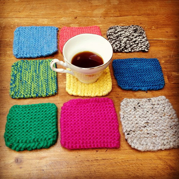 Knitted coasters. Turn extra fibers into colorful coasters, which would make a great gift for anyone on your list. It's a great way to use up extra yarn while preventing coffee from making a mess on table. 