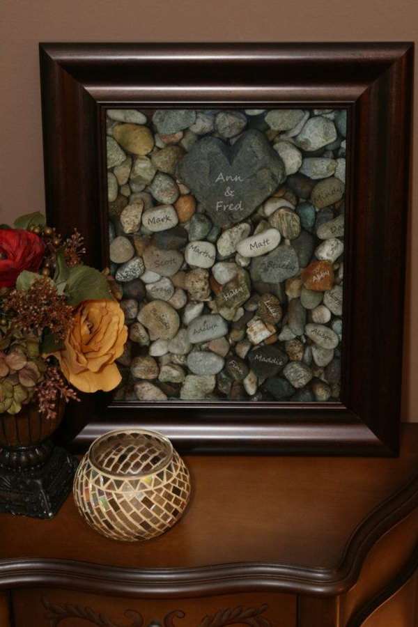 Family tree. It's an twist on a traditional family tree and makes a great Thanksgiving gift. After you have writed your parents'name on the heart shaped rock, write your siblings' and your own name on small rocks. 