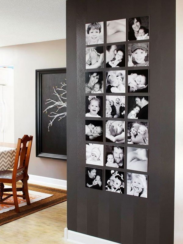 Family snapshots wall. Print family snapshots in black and white, and hang it in black dollar shop frames. The house is full of the smell of love. 