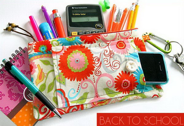 Zippered School Supply Case. Use beautiful patterned fabric to make and place pocket and loop, insert the zipper and finish it off with the final assembly. This is very useful to organize your stationary and the design is so pretty. 