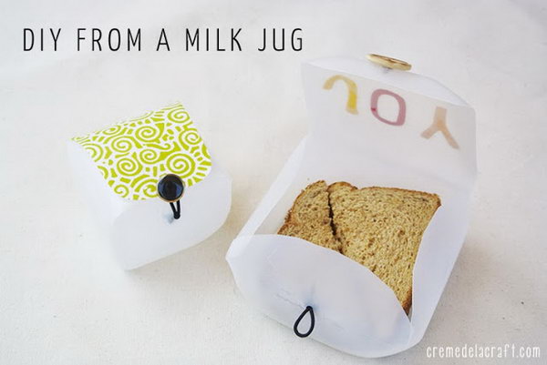 Milk Jug Sandwich Protector. Cut along the lines of the milk to take the form of a container, sew on a button on the top lid to create a button loop closure. It is food safe, and can save your costs as well. 
