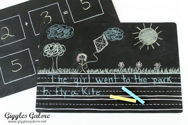 Chalkboard Placemats. Spray paint on both side of the placemat. Draw math problems for the little scholar to practice on one side. On the other, you can create a space to practice letters and writing. It's useful and good for the scholar to study. 