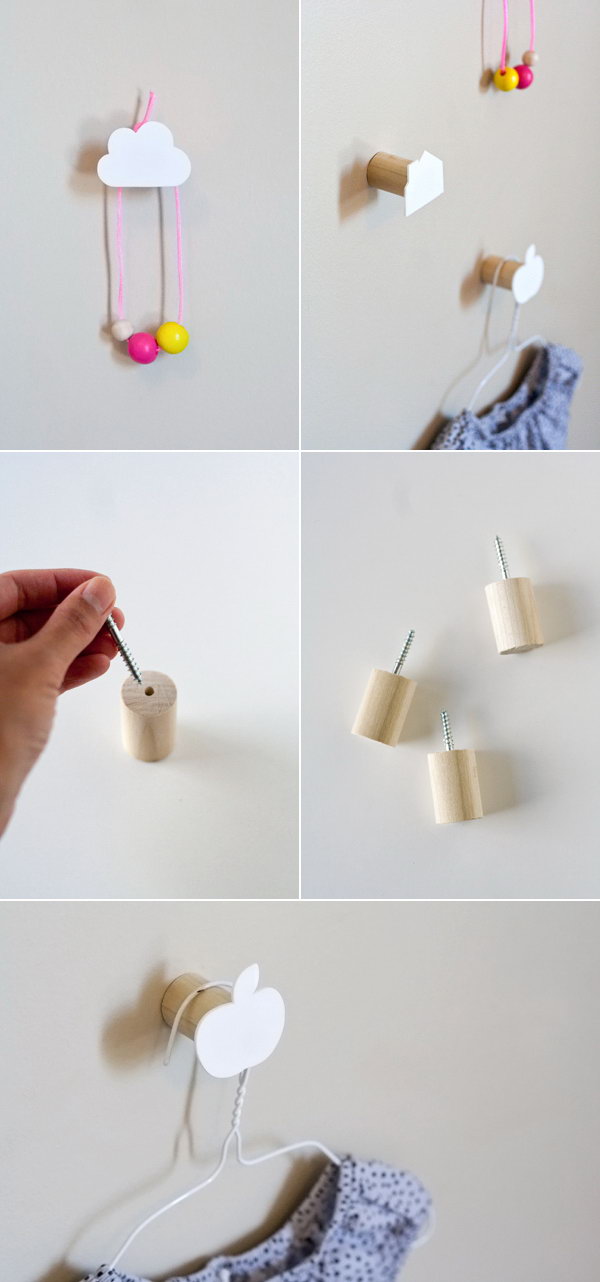 Cute Wall Hooks. Place the wood screw inside the hole of the wooden stick. Attach cardboard or rubber in cute shapes to anchor to the wall to hang your things. Every family must like its adorable outlook as well as helpful usage. 