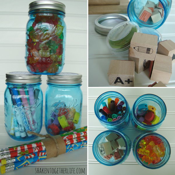 DIY Back To School Mason Jar Caddies. Paint the jar lid with meaningful patterns for the school year, such as bee hive pattern and notebook paper pattern. Fill them with back to school essentials to keep things organized in this awesome manner. 