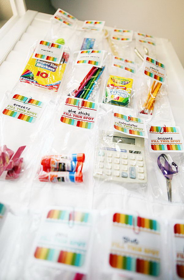 School Supply Organizer. Create this helpful art of work by trimming the cardstock, folding the excess part over the organizer sleeve and attaching paperclips to it. It's super chic to keep school essentials organized in this smart way. 