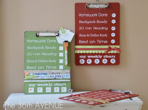 DIY Clipboard Charts. Paint the clipboards, use vinyl to add polka dots and embellish clipboards to finish it off with a stunning decor. It is not only adorable with its outlook but also useful with its practical usage. 