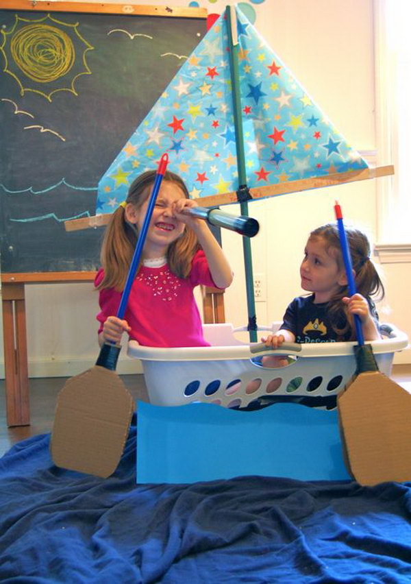 Laundry Basket Boats. Grab the laundry basket as a boat  and use the cardboard and broomstick as the paddles and ship off!  Your kids will  get more fun when traveling by this boat. See more here 