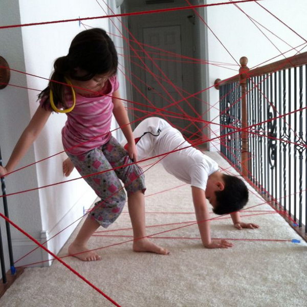 Game of Spay Training. Prepare some simple household items like yarns or colored masking tapes and well place them in your house. It will be a great challenge for kids to see who can pass through the lasers without touching them. 