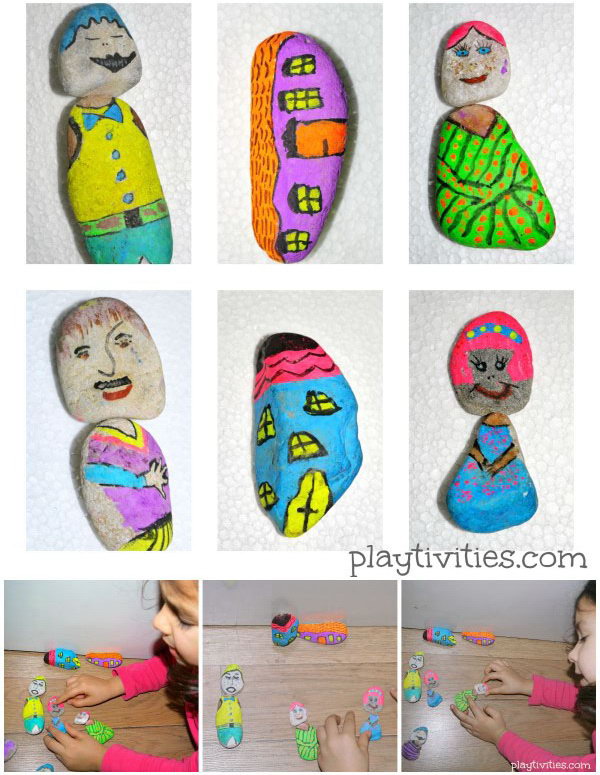 Story Telling Activity. This visual storytelling activity with painted stones  can  encourage child's imagination and boost creative thinking.  The combination of different characters can create different interesting stories.  Learn more here. 