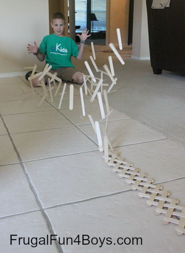 Build a Chain Reaction with Popsicle or Craft Sticks. Weave popsicle sticks or craft sticks together to build  this exploding chain reaction. This project is so cool and you can spend as much time putting together as you want.  Make the chain large or small.   I believe your boy will want to try. Get tutorials here. 
