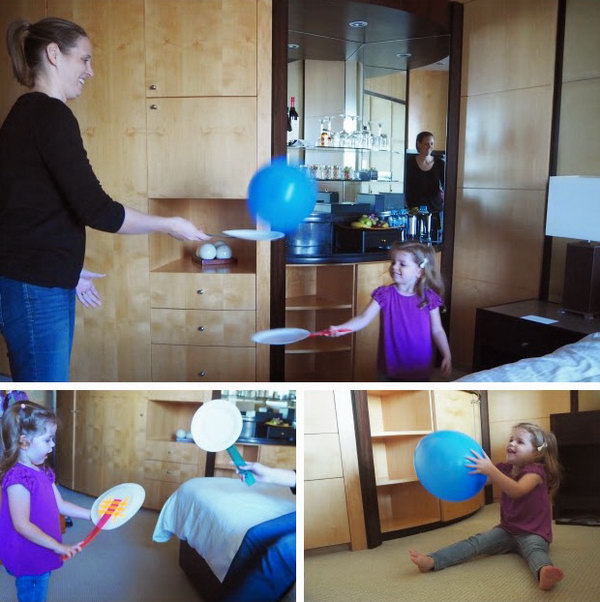 Paper Plate Balloon Tennis. Paper plates  ,plastic rulers ,colored paper tape  are all you need to DIY this  paper plate tennis. Then enjoy this balloon tennis game with your kids. Lots of fun to be  got quickly and easily and balloons are much safer to use indoor over balls. 