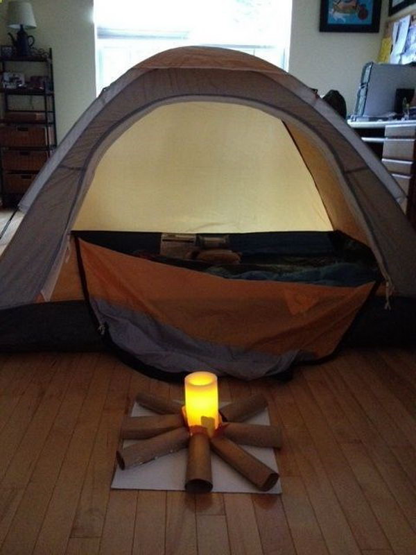 Have a campout indoors. It's a creative activity for kids to go camping indoors, while being more safely. Your kids will have fun in crafting their campfire and  be enjoyable  to spend the night in his own tent.  See more here 