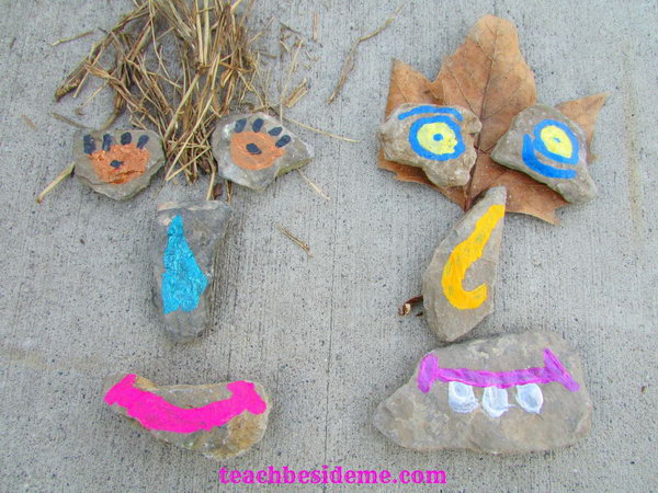 Mix Match Painted Rock Faces. Put some newspaper and paint the rocks into faces. Take advantage of the shape of rocks to make interesting rock faces to have a lot of fun and build up the creativity of kids. 