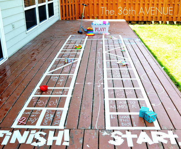 Giant Outdoor Board Game. Make the board with tape and chalk to specify the rules for the activity according to children's suggestions and interests. They will have a lot of fun joining this interesting game on hot summer days. 