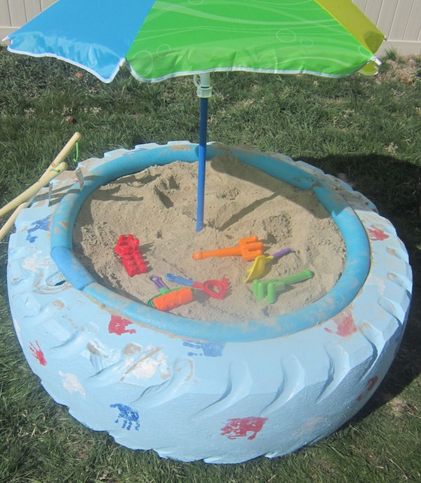 Sandbox with a Tyre. Summer is a good time for boys to play sand. Paint the tyre in light color so it won't get so hot in the sun. Cover the jagged edge with pool noodle. You can also place umbrella at the top of the box to avoid the burning sun. 