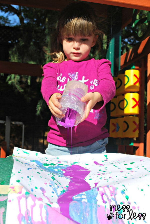 Slide Painting. Tape some easel paper from a roll to your slide to get it started. Place a trash bag on the bottom to catch the excess paint that might spill on the ground. Ask kids to pour paint from the slide to create a mixed color art in summer. 