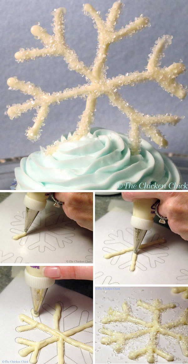 DIY Snowflake Cupcake. These white chocolate snowflakes are much easier to make than they may appear. It would be great for a frozen party! 