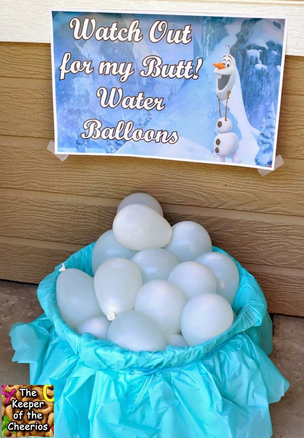 'Watch out for my Butt' Water Balloons. What a fun outside activity idea for your Frozen birthday party in summer time! 