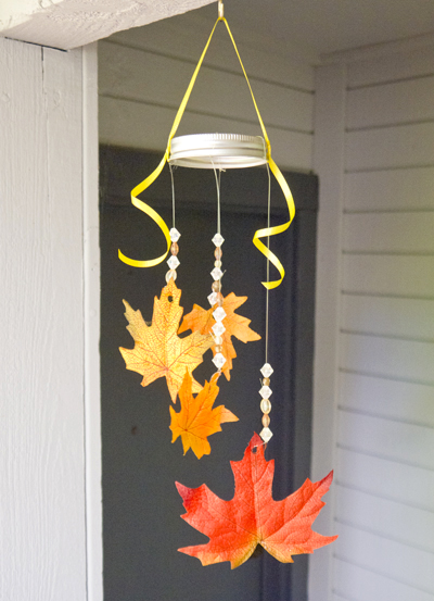 Fall Leaf Mobile Silk Fall Leaves, Mason Jar Lids And Colorful Beads. 