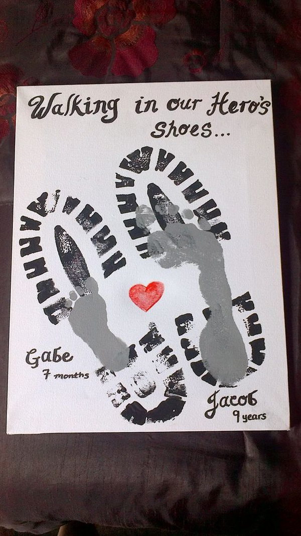 Footprint of Father and Son with Heart and Slogan: Walking in My Hero's shoes 