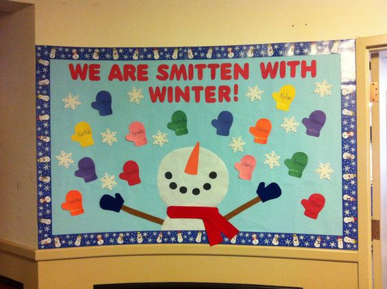 'We Are Smitten With Winter' Bulletin Board with The Children's Names on the Mittens. 