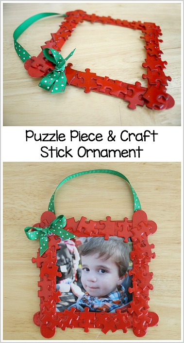 Puzzle Piece and Craft Stick Homemade Ornament Craft for Kids. 