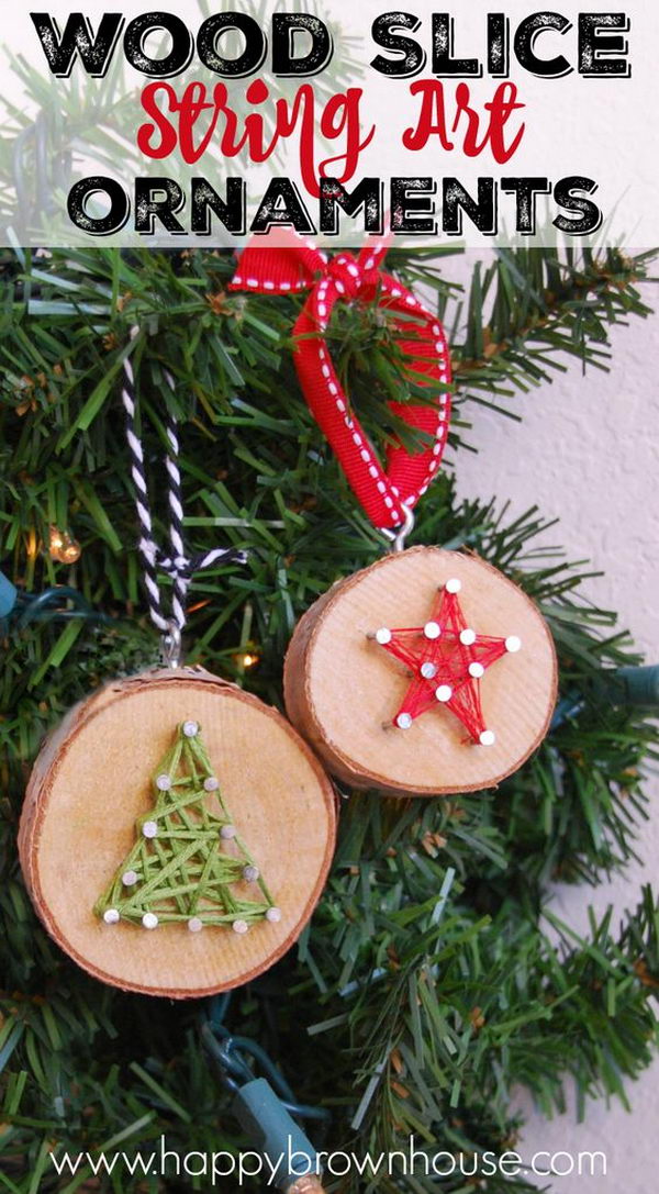 Wood Slice String Art Ornament. 