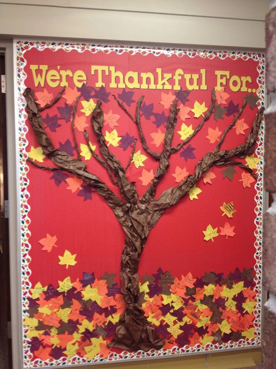 Twist Butcher Paper to Make Tree Trunk and Branches for The Thanksgiving Bulletin Board. 