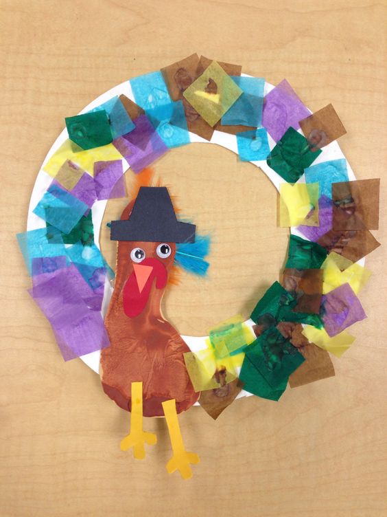 Footprint Painted Turkey Thanksgiving Wreath from a Paper Plate. 