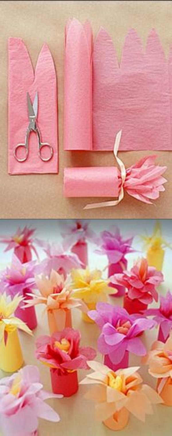 Tissue Paper Flower Wrapped Favors. Check out the tutorial of these simple and adorable party favors made with colorful tissue paper 