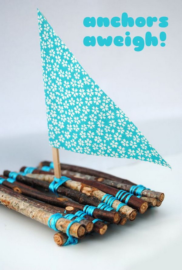 Cute Twig Boats. Kids made boat from twigs and yarn  fun to make and then to play with! 