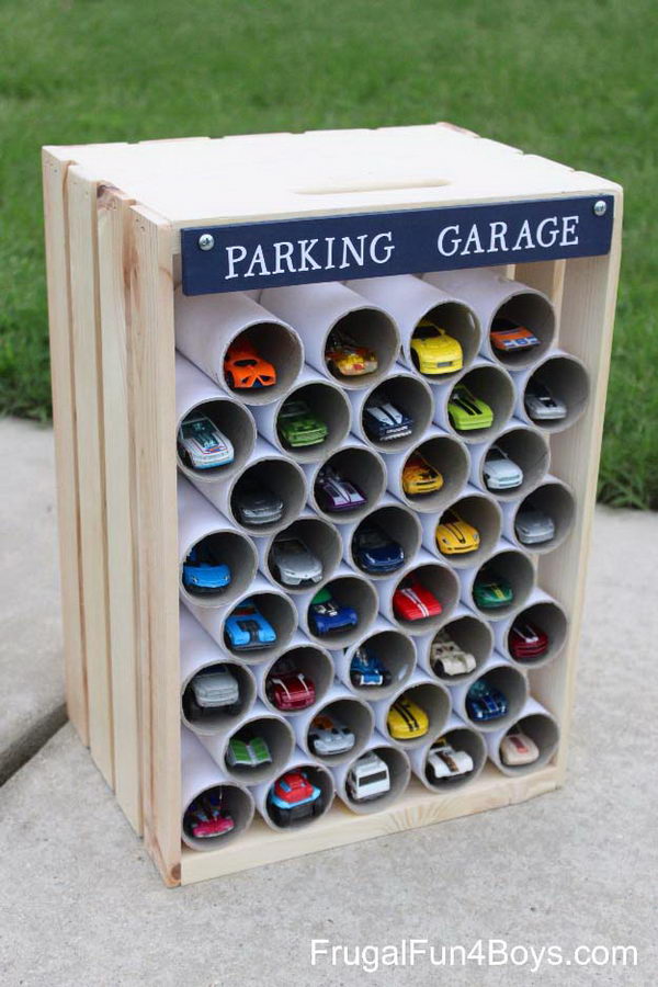 DIY Wooden Crate Storage And Display For Toy Cars. 