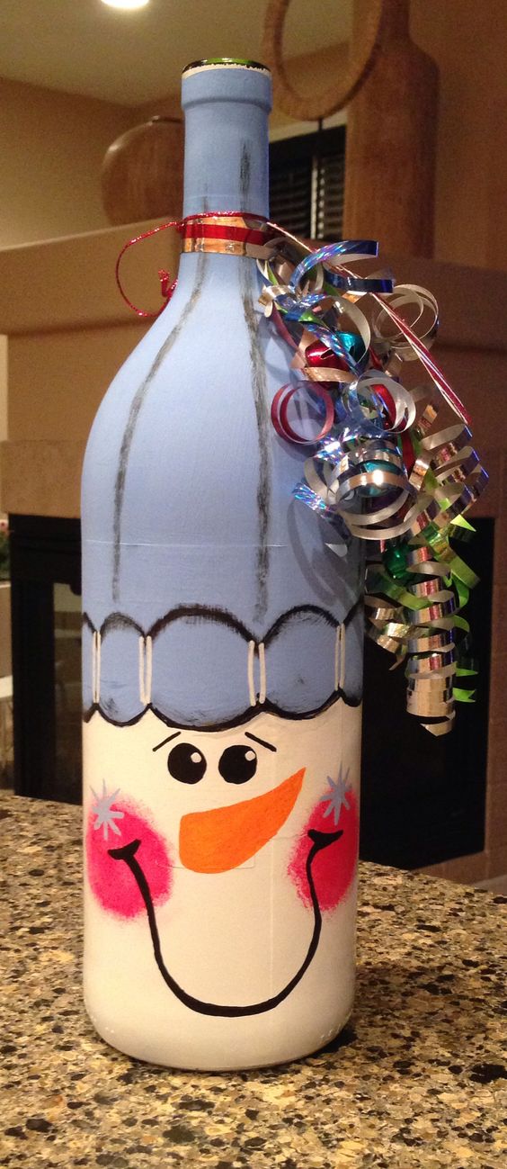 Snowman Painted on a Bottle Of Wine. 