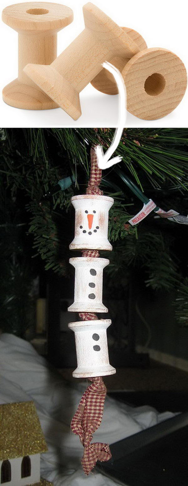 wooden spool snowman ornament. 
