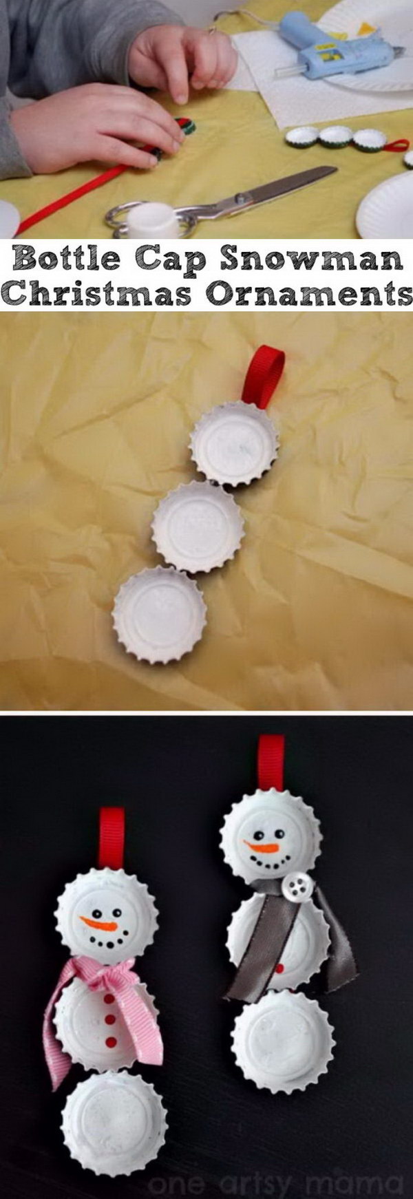 Bottle Cap Snowman Christmas Ornaments. 