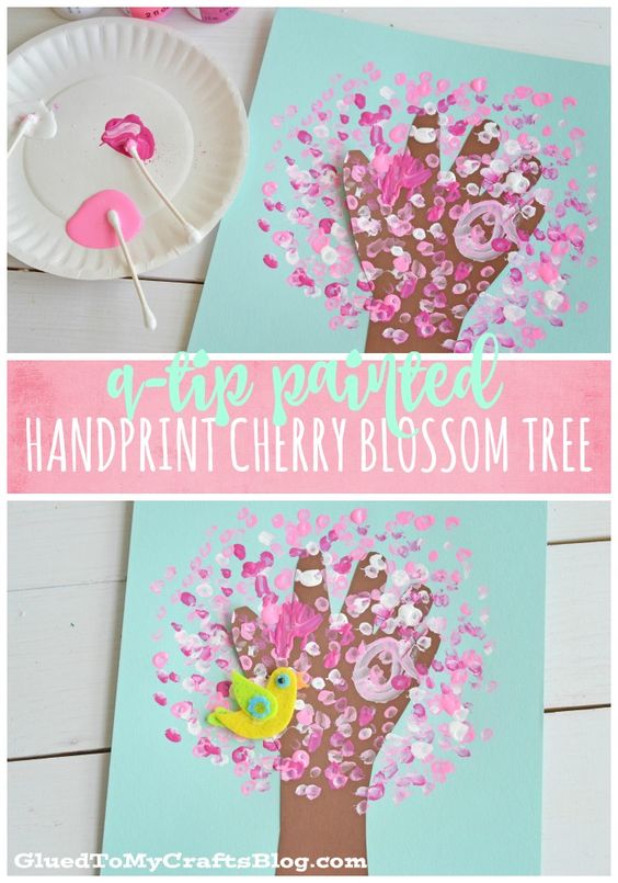 Q Tip Painted Handprint Cherry Blossom Tree. 
