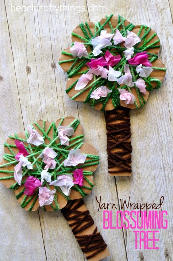 Yarn Wrapped Blossoming Spring Tree Craft. 