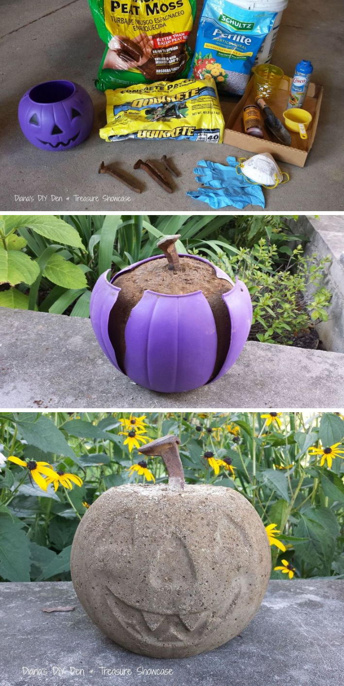 Use A Dollar Store Plastic Pumpkin As A Mold For A Concrete Halloween Ornament. 